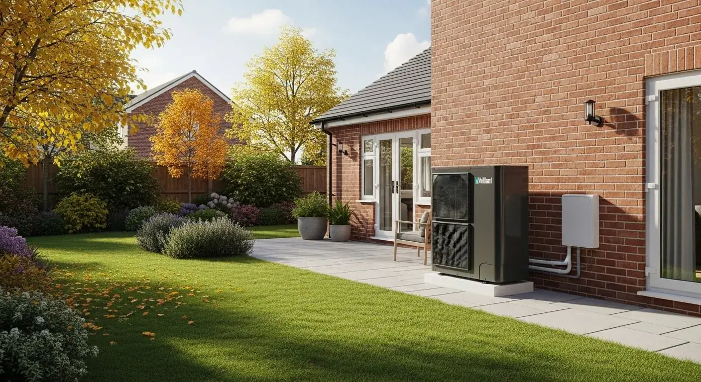 Modern Vaillant heat pump installation in UK home garden